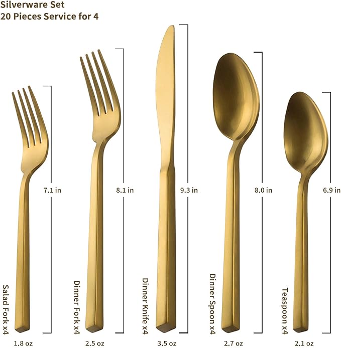 Alata Cube Gold 20-Piece Flatware Set, Forged Cutlery Set, Matte Gold Silverware Service for 4, Stainless Steel Tableware with Square Handle for Home/Restaurant, Dishwasher Safe