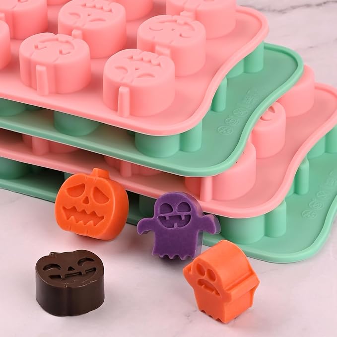 Actvty Halloween Candy Mold Silicone Chocolate Molds, 4 Packs Pumpkin Molds and Ghost Molds for Making Chocolate, Jelly, Gummy, Snack, Wax Melt, Ice Cubes, Cake Decor