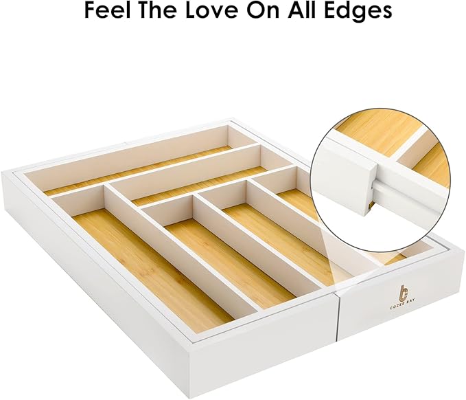 Cozee Bay Bamboo drawer organizer, utensil holder, silverware organizer, and adjustable cutlery tray with drawer dividers, for kitchen, office desk, and bathroom storage (White)