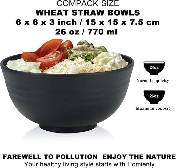 Homienly Cereal Bowl Set, Wheat Straw Bowls for Kitchen, Unbreakable Lightweight Bowl Set of 8, Microwave and Dishwasher Safe Bowls, Reusable Bowl for Serving, Cereal, Snack,Fruit(Black, 26 OZ)