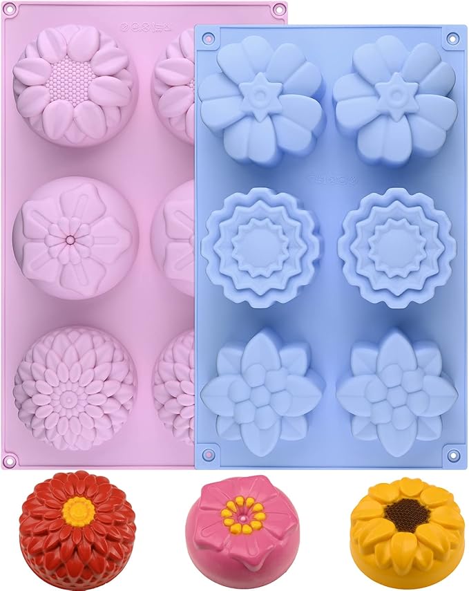Sakolla 2 Pack Silicone Soap Molds, 6 Cavities Different Flower Shapes Silicone Mold, Perfect Making for Soap, Lotion Bar, Bath Bombs (Pink + Blue)