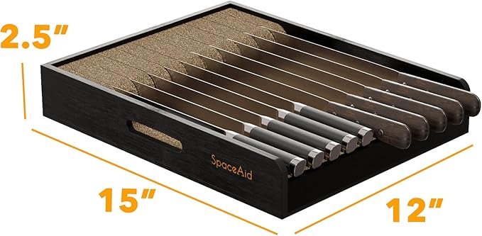 SpaceAid Large Knife Drawer Organizer Bamboo Insert Dock, Kitchen Steak Knives Holder Organizers Block for Drawer in Storage Organization (Large, Black)