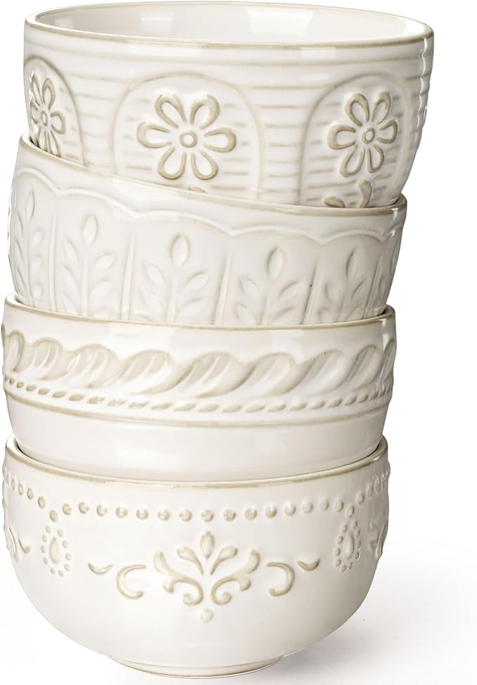Artena Small Bowls Set of 4, 12 oz Ceramic Embossment Dessert Bowls, white Bowl for Kitchen, Ice Cream, Side Dishes, Rice, Cereal, Fruit, 4.5 Inch, Microwave & Dishwasher Safe, Multiple Patterns