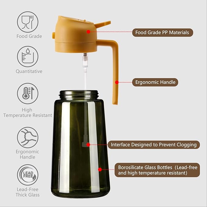 Olive Oil Dispenser and Oil Sprayer – 16oz/470ml Glass Light-Proof Oil Pourer for Kitchen, Air Fryer, Cooking, Salad, and BBQ