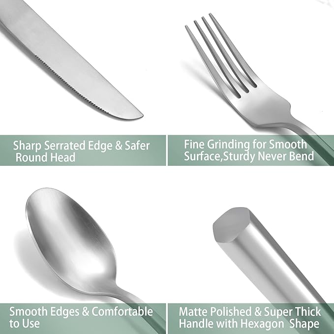 DEACORY Silverware Set 10 Pieces Hexagon Matte Finished Flatware Set Cutlery Set Stainless Steel for 2