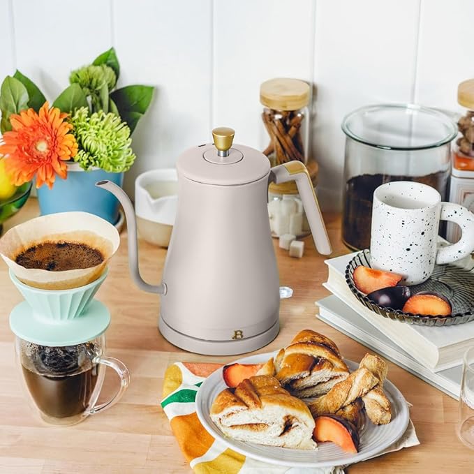 Beautiful 1L Electric Gooseneck Kettle, Precision Pour Spout, 1200W Fast Boil, Auto Shut-Off, Cordless, Stainless Steel, Tea & Coffee Maker with Ergonomic Handle, Matte Finish (Porcini Taupe)