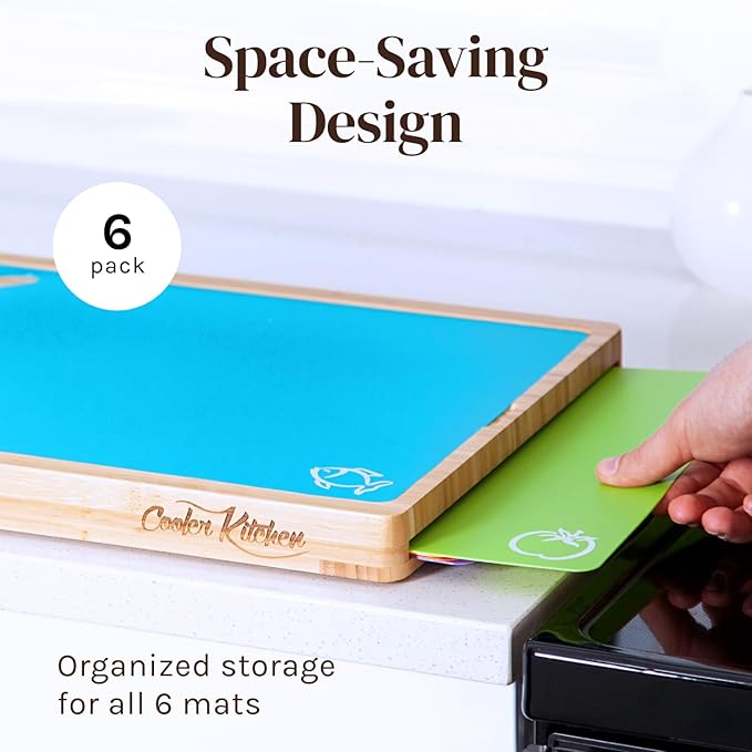 Cutting Boards for Kitchen – Bamboo Cutting Board Set with 6 Color-Coded Flexible Chopping Mats, Easy Clean Wood and Dishwasher-Safe Plastic, Large 17×12, Knife-Friendly by Cooler Kitchen