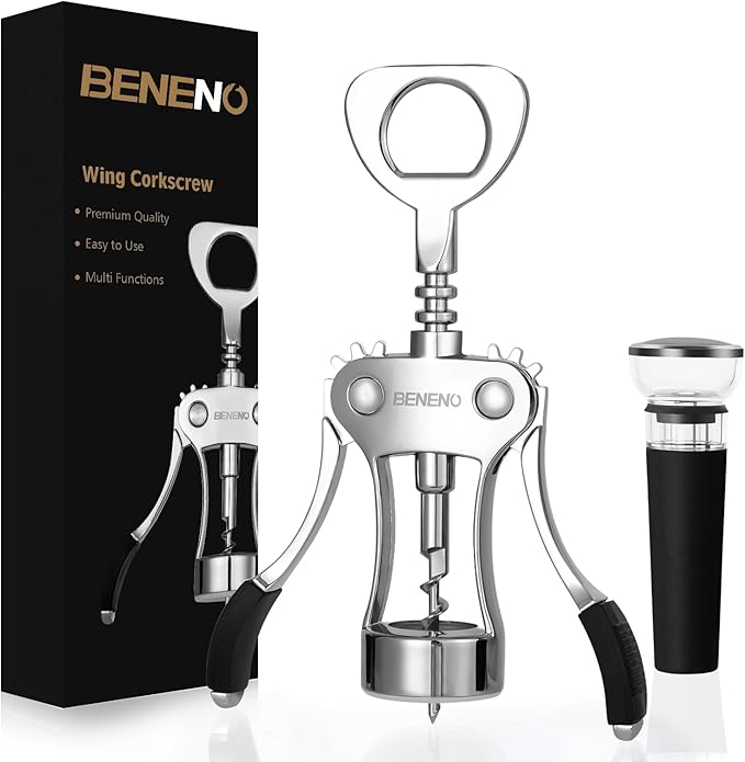 Beneno Wine Opener with Silicone Leak Proof Wine Vacuum Stopper, Zinc Alloy Premium Wing Corkscrew with Multifunctional Bottles Opener, Upgrade