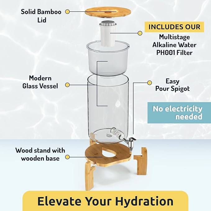 pH Recharge Glass Alkaline Water Filter Dispenser - Countertop Water Filter System - Purifier Pitcher for Home and Office - High pH Pure Drinking Water Filtration - 8.5L/2.25 Gal