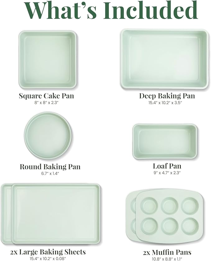 Larder & Vine 8-Piece Bakeware Set | Non-Stick Baking Set with Ceramic Finish | PFAS, PFOA, PTFE, and BPA Free Baking Essentials | Baking Sheets, Muffin Tins and Assorted Baking Pans | Sage