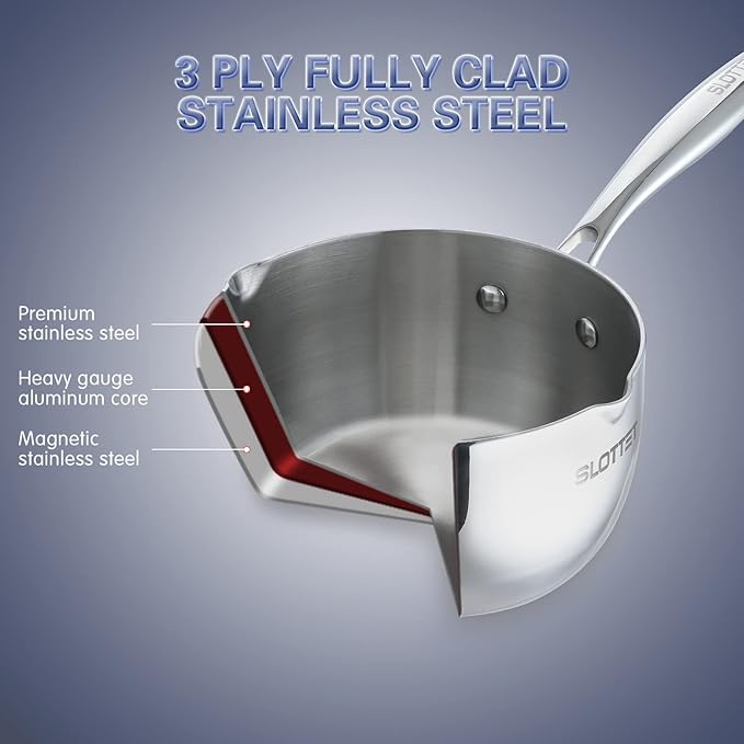 Tri-Ply Whole-Clad Stainless Steel Saucepan with Steamer,2.5 Qt Small Multipurpose Pot with Pour Spout,Strainer Glass Lid, 2 Quart Sauce Pan for Cooking with Stay-cool Handle.