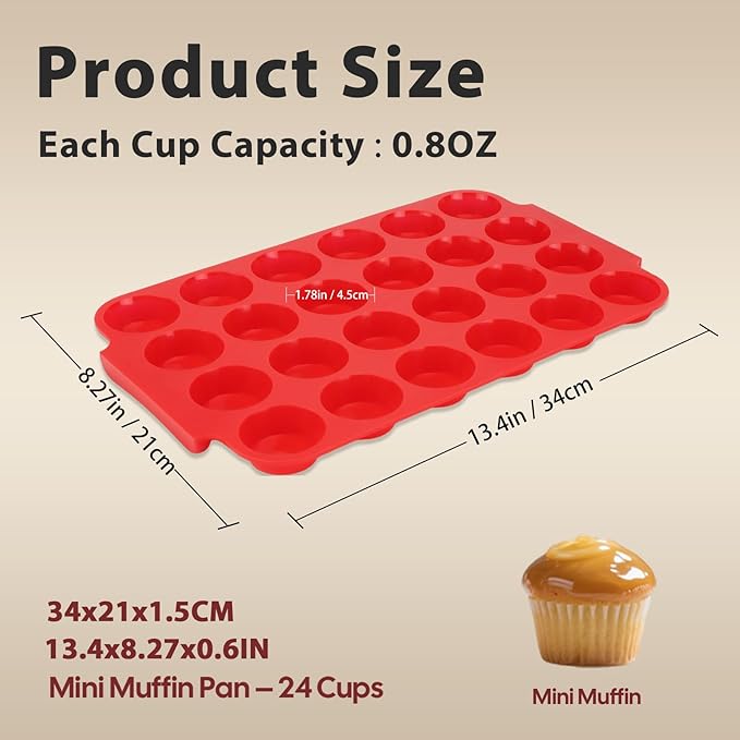 2-Pack Silicone Muffin Pan for Baking – Mini 24-Cup Nonstick Cupcake Pan with Handle, Food-Grade Certified, Odorless, BPA-Free, Silicone Baking Mold for Muffins, Egg Bites, Cupcakes
