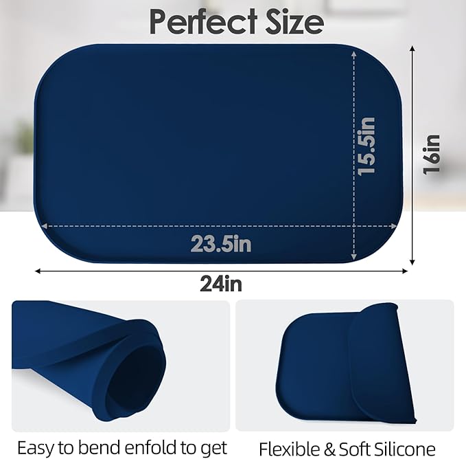 Silicone Coffee Maker Mat with Lip, 24'' x 16'' Heavy Duty Coffee Maker Mat for Countertops, Coffee Tray Fit Under Coffee Machine Appliance Automatic Machines Espresso Accessory, Navy Blue
