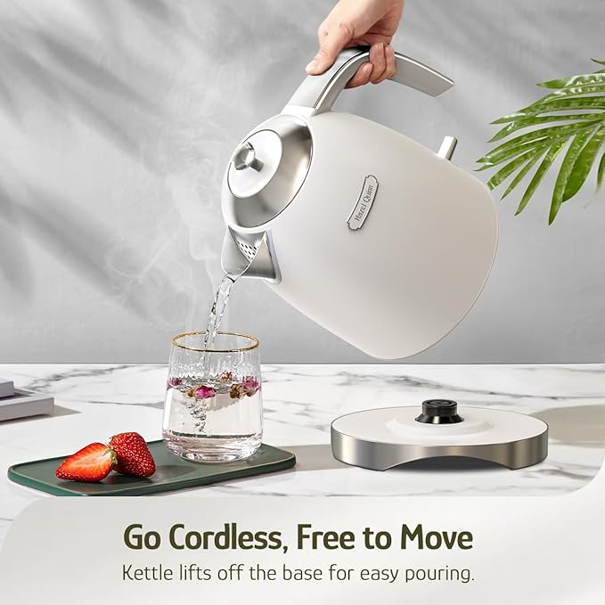 Hazel Quinn Electric Kettle - 1.7 Liters (57oz) Stainless Steel Water Kettle, BPA-Free Interior, 1200W Fast Boiling, Cordless, Rotational Base, Automatic Shut Off & One-Touch LED - Pearl White