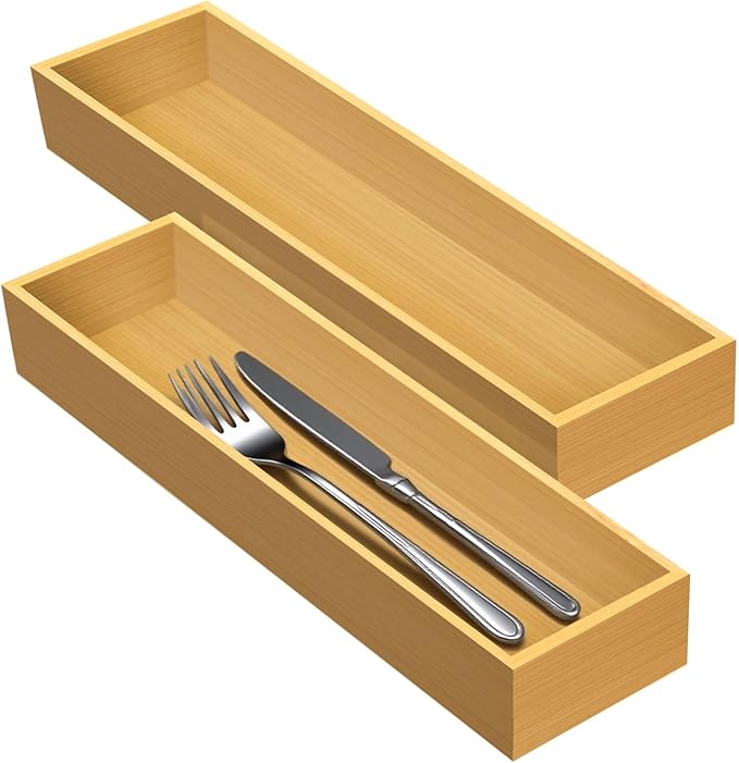 Bamboo Drawer Silverware Organizer, Flatware Organizers, Multi-purpose Bamboo Storage Box for Kitchen, Offices and Dressing table 11.5" x 3.15" x 1.8" (Set of 2)