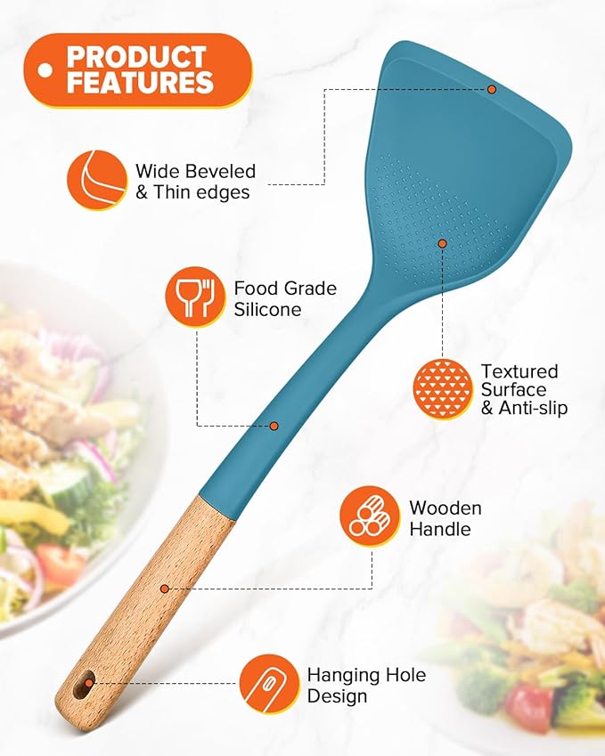 Silicone Cooking Utensils Set, Perfectly Angled for Frying, Mixing,Serving,Draining,Turning and Stirring, BPA-Free Matte Silicone, Wood Handles, Safe for Nonstick Cooking Surfaces,4 Pack (Blue)