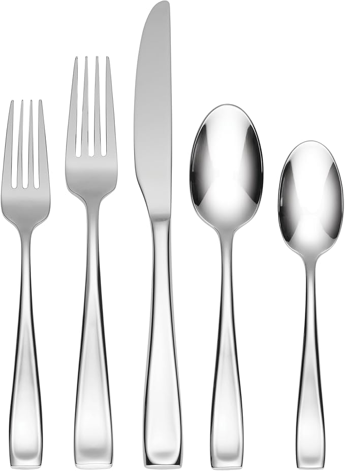 Oneida Silverware Set For 12, Moda 65-Piece Fine Flatware Set with Serving Utensils, Service For 12, 18/10 Stainless Steel, Dishwasher Safe For home, Knives Spoons and Forks Set (Silver, 65 pieces)