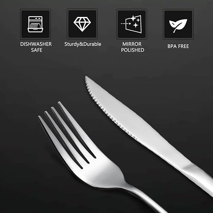 SANTUO 12 Pcs Silverware Set with 6 Steak Knives and 6 Dinner Forks,Flatware Set with Top Food Grade Stainless Steel,Tableware Cutlery Set For Home Restaurant Hotel, Mirror Finish, Dishwasher Safe