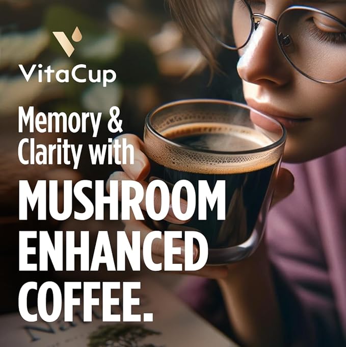 VitaCup Focus Mushroom Coffee Pods, Boost Focus & Immunity w/Lions Mane, Chaga, B Vitamins, D3 for Memory & Clarity, Medium Roast, Recyclable Single Serve Pod Compatible w/Keurig K-Cup Brewers,32 Ct