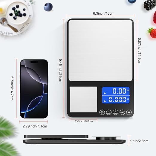 0.001 oz / 33 lb Dual Platform Kitchen Scale, Digital Food Scale with Two Precision Surfaces, LCD Display, 7 Units, Tare & Accumulation Functions – Perfect for Baking, Sourdough, and Cooking