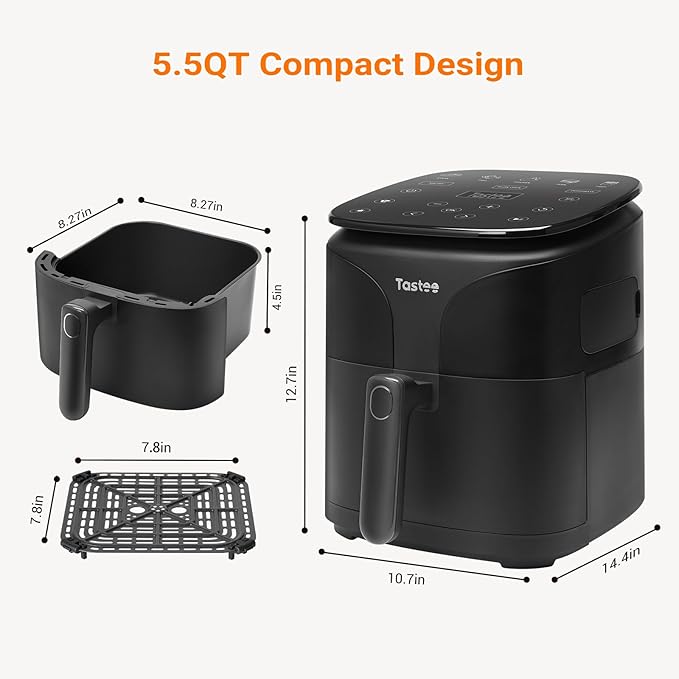 Tastee Air Fryer Lite, 8-in-1 Compact 5.5QT Oven with Single-Sensor Smart Probe, 450°F Digital Dehydrator, 24 One-Touch Presets, Dishwasher-Safe & Non-Stick Basket