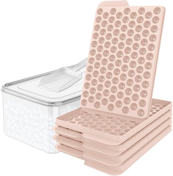 WIBIMEN Mini Ice Cube Trays, Small Tiny Round Pebble Crushed Nugget Ice Trays for Freezer with Lid - Chilling Drinks Coffee Juice(4 Pack/0.55In - Pink)