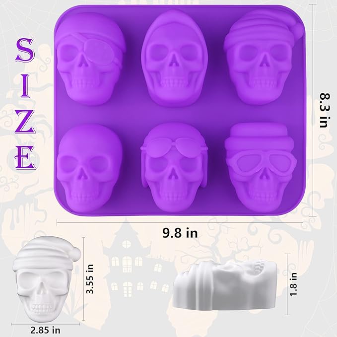 Sakolla Large Skull Cake Pan Silicone Mold, 2 Pack 6 Cavity Halloween Skull Cakelet Chocolate Molds Candy Pizza Baking Molds Handmade Soap Tray