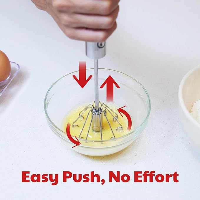 Stainless Steel Egg Whisk - Easy to Use Semi-Automatic Push-Down Zip Whisker - Rotary Hand Mixer for Beating Eggs, Frothing Milk, Blending, Mixing, Whipping Smoothies & Shakes - 2 Pack (12 &14 Inch)