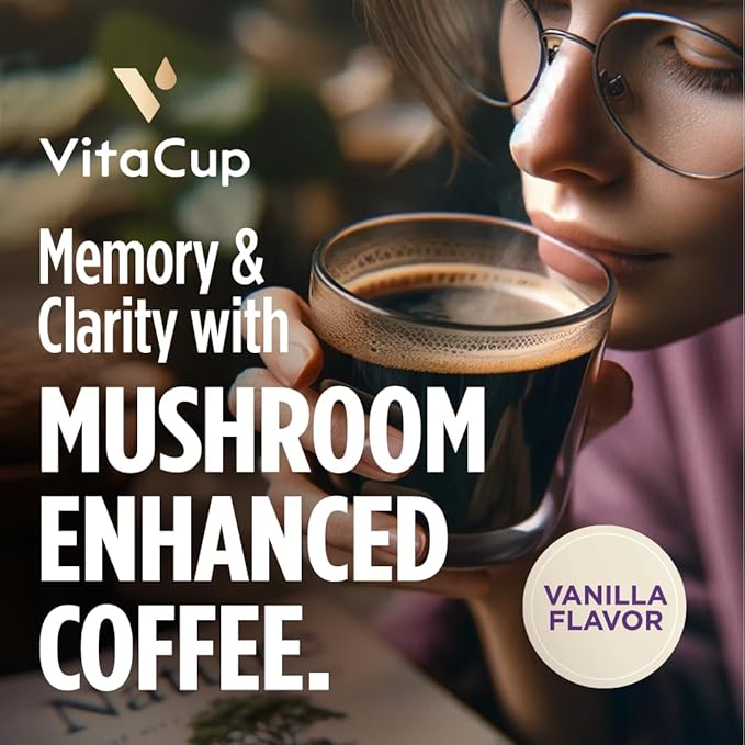 VitaCup Focus Mushroom Coffee Pods, Vanilla Flavored Coffee with Chaga, Lion’s Mane, Vitamins, Medium Dark Roast Arabica Beans, Recyclable Single Serve Pods Compatible with Keurig K-Cup Brewers, 32 Ct