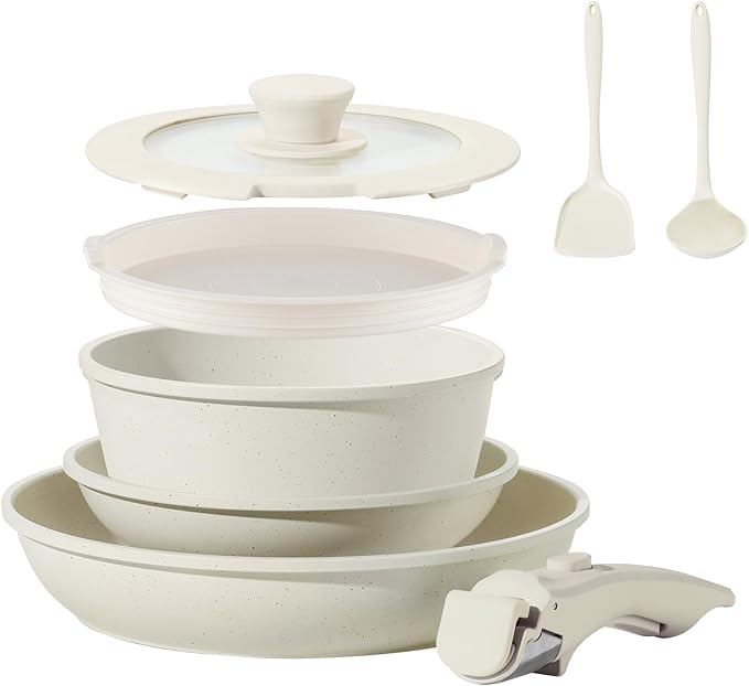 8pcs Ceramic Pots and Pans Set, Non Stick Cookware Set, Detachable Handle Cookware, Induction Kitchen Cooking Set with Removable Handle,Oven Safe, Induction Fast, Stackable Cookware Set