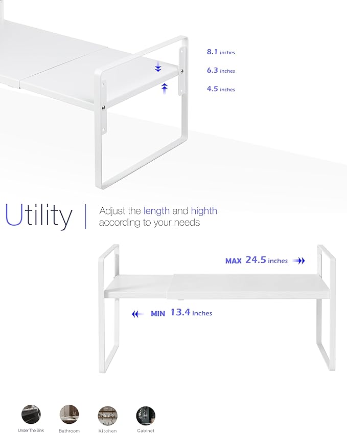 Nxconsu Cabinet Shelf Expandable Height Adjustable Shelf Organizer Riser for Kitchen Cabinet Pantry Cupboard Under Sink Countertop Organization Storage Space Saver Stackable Heavy Duty Metal White XXL