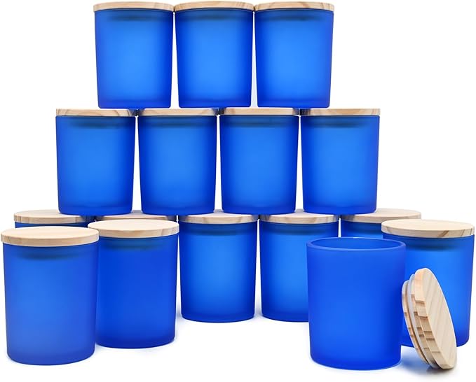 Thick Candle Jars for Making Candles 16 Pcs, 7 OZ Empty Jars with Wood Lids for Candle Making, Sample Container, Frosted Blue
