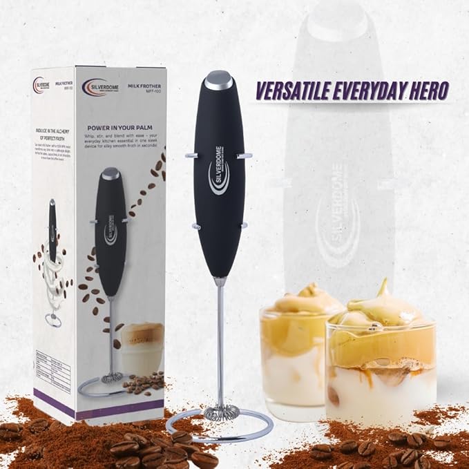 Silverdome's Powerful Handheld Milk Frother, Stainless Steel whisk for Silky Foam in Seconds, Battery Operated(Not Included), Perfect for café-style drinks, Coffee, Lattes, Cappuccino, Hot Chocolate.