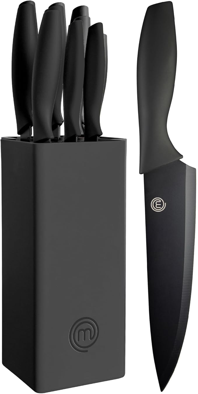 MasterChef Knife Set with Block, 6 Kitchen Knives and a Universal Knife Holder, Extra Sharp Stainless Steel Blades for Precise Cutting with Non Stick Coating & Soft Touch Easy Grip Handles, Black