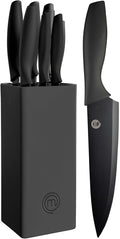 MasterChef Knife Set with Block, 6 Kitchen Knives and a Universal Knife Holder, Extra Sharp Stainless Steel Blades for Precise Cutting with Non Stick Coating & Soft Touch Easy Grip Handles, Black