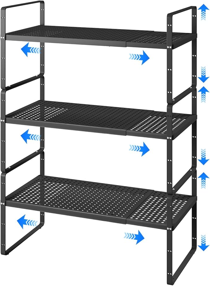 Expandable Kitchen Shelf Organizers, Kitchen Cabinet Organizer Stand Rack Organization for Countertop Cupborad Pantry, Black 3 Pack