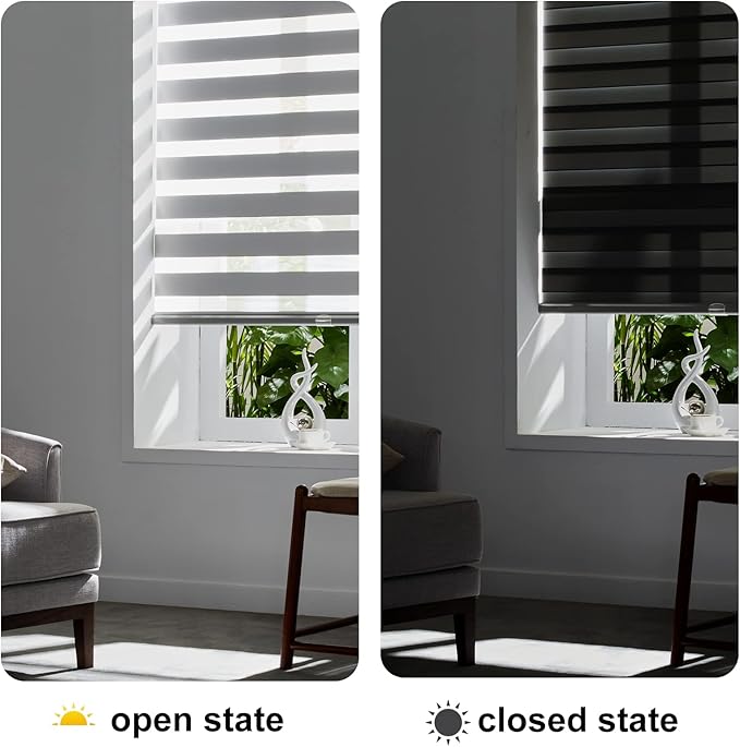 Persilux Cordless Zebra Blinds for Windows Free-Stop Roller Windows Shades (34" W X 64" H, Grey) Dual Layer Light Control for Day and Night, Light Filtering Sheer Shades for Home