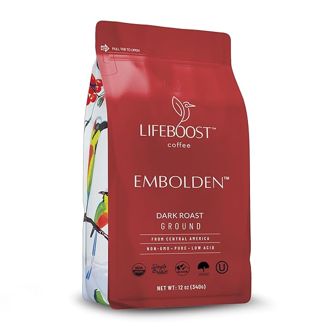 Lifeboost Dark Roast Ground Coffee - Non-GMO Low Acid Single Origin USDA Organic Dark Roast Coffee - Third Party Tested For Mycotoxins & Pesticides - 12 Ounces