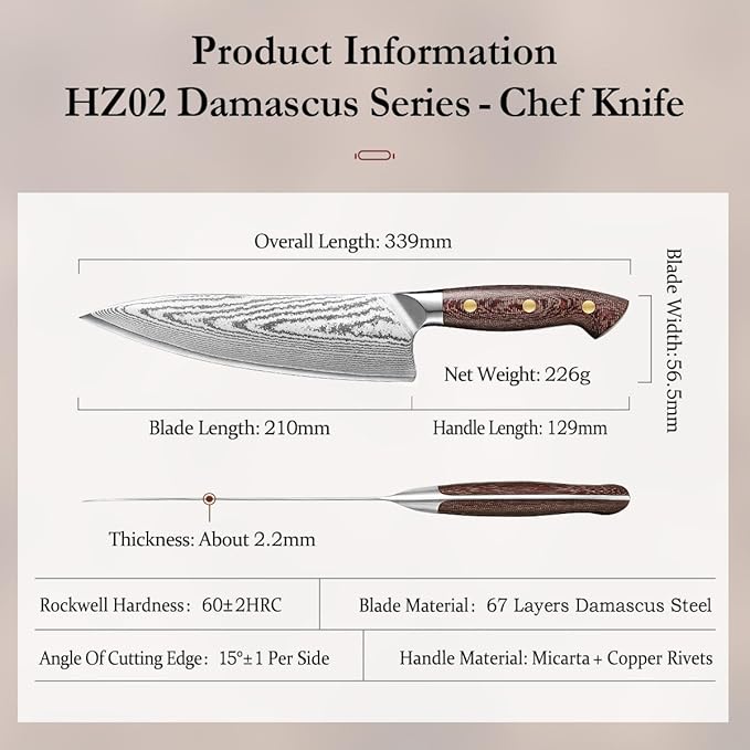 HEZHEN Damascus Chef Knife with Sheath, 8.3 Inches, 67 Layers Dmascus Steel Japanese Kitchen Knifefor Professional Chefs and Family, Micarta Handle,Gift Ready