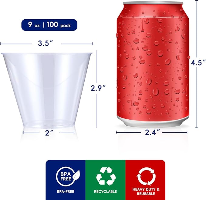 JOLLY CHEF 9 oz Clear Disposable Plastic Cups, 100 Pack Clear Plastic Cups Tumblers, Heavy-duty Party Glasses, Disposable Cups for Thanksgiving, Halloween, Christmas Party
