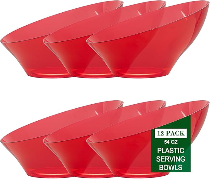 bUCLA 12 Pack Clear Red Plastic Serving Bowls - 54 OZ Christmas Angled Serving Bowls Disposable for Chip, Candy, Salad & Fruit - Ideal for X’mas Party