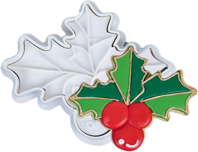Flycalf Christmas Cookie Cutters Holly Berries Shapes with Plunger Stamps Holiday PLA Baking Accessories Cutter Molds Gifts Decorative Party 3.5" Kitchen Cake Supplies