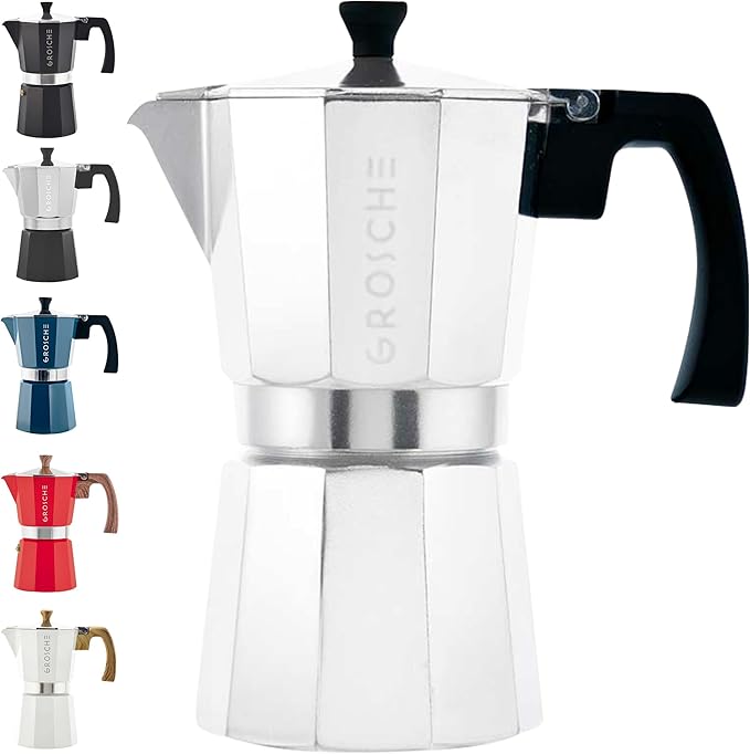 GROSCHE Milano Stovetop Espresso Maker Moka Pot 6 espresso Cup - 9.3 oz, Silver - Cuban Coffee Maker Stove top coffee maker Moka Italian espresso greca coffee maker brewer percolator
