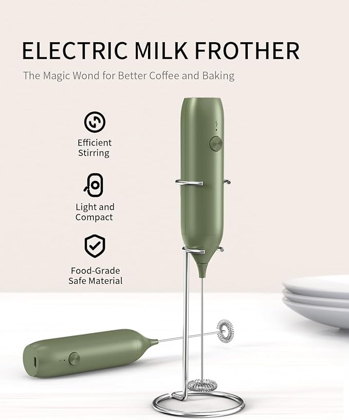 CIRCLE JOY Rechargeable Milk Frother Handheld with Stand, Coffee Frother Wand Drink Mixer with Dual Spring Whisk for Coffee, Cappuccino, Lattes, Frappe, Matcha and Hot Chocolate, Green