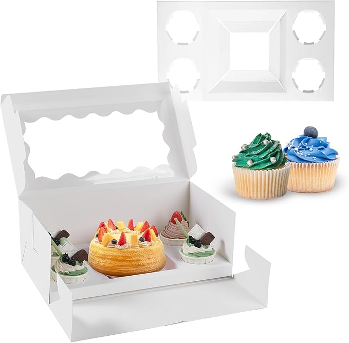 JCD 8pcs Cake Cupcake Combo Boxes with Clear Window and Cupcake Insert Fit 4 Cupcakes and 1 Mini Cake for Partry (1+4/8pcs)