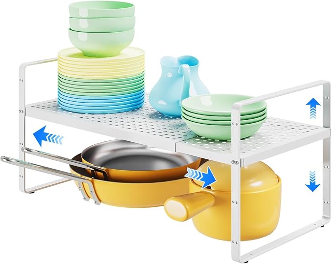 Expandable Kitchen Shelf Organizers, Kitchen Cabinet Organizer Stand Rack Organization for Countertop Cupborad Pantry, White 1 Pack