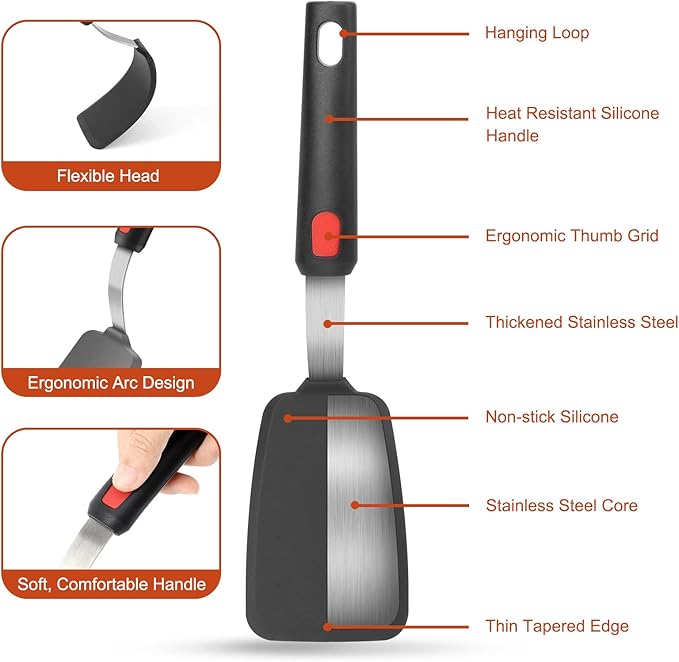Hotec Silicone Spatula Turner for Nonstick Cookware, Cooking Spatulas 600°F Heat Resistant Large Flexible Rubber Spatula Set of 3, Kitchen Utensils for Flipping Eggs, Burgers, Pancakes, Crepes
