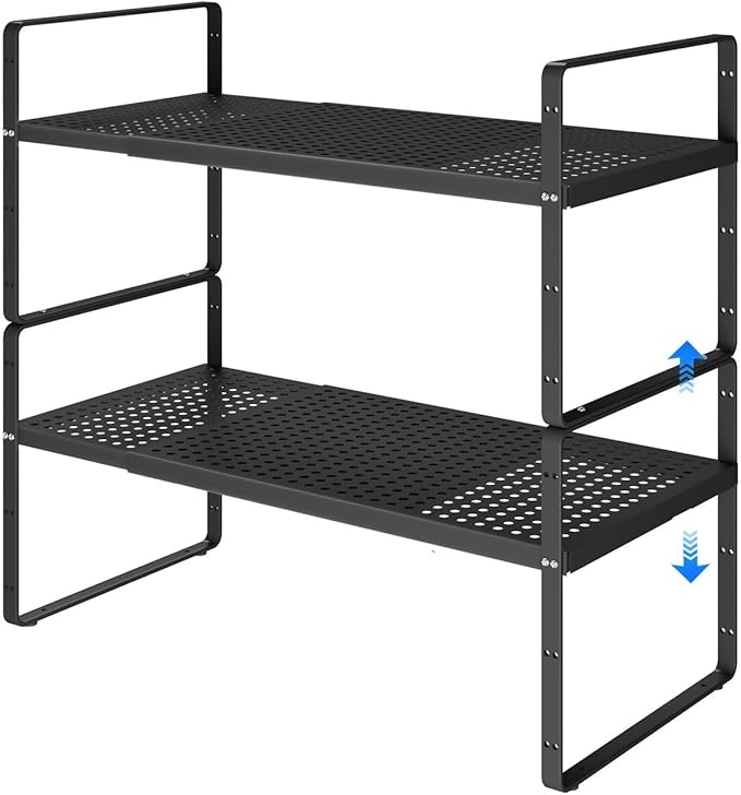 Expandable Kitchen Shelf Organizers, Kitchen Cabinet Organizer Stand Rack Organization for Countertop Office Desktop, Black 2 Pack