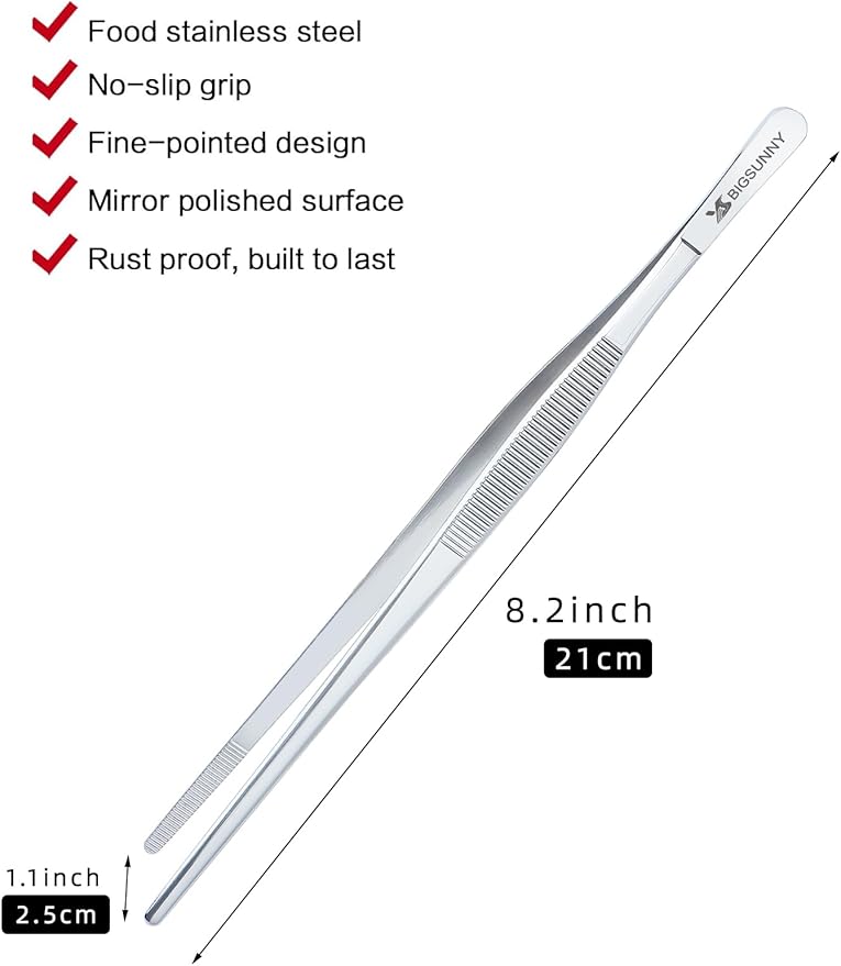 8.5 Inch Kitchen Tweezers Fine Tweezer Tongs, MSY BIGSUNNY Stainless Steel Food Tweezers Multi-function Precision Serrated Tips Cooking Tongs Kitchen Serving Tong