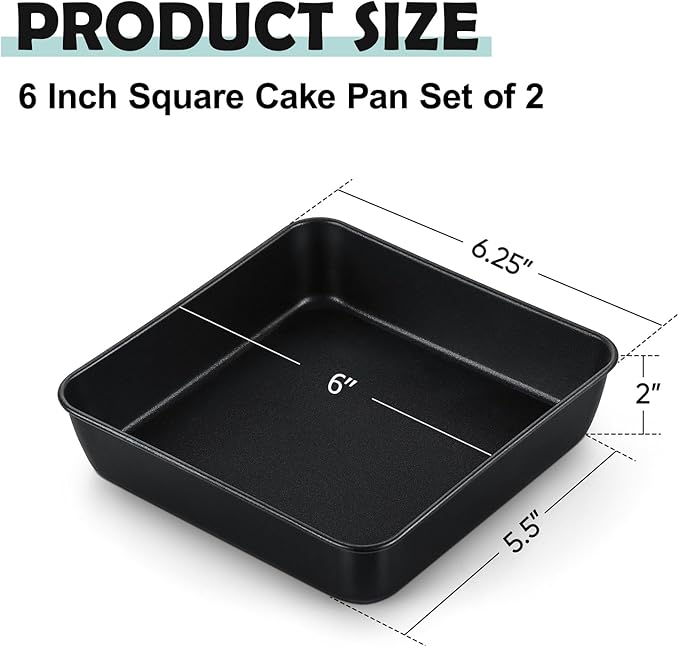 TeamFar Square Cake Pan, 6 inch Small Baking Roasting Pans with Stainless Steel Core & Nonstick Coating, for Making Cakes Brownie Lasagna, Non-toxic & Sturdy, Oven Safe & Easy to Clean – Set of 2